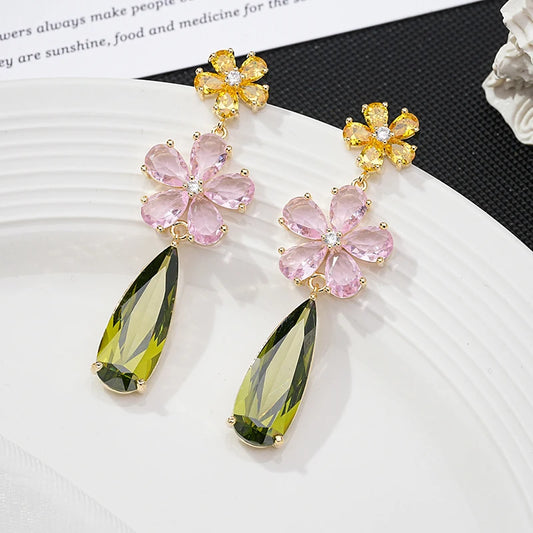 Fashion Color Cubic Zirconia Flower Long Earring for Wedding Pave Color Cubic Zirconia Party Jewelry Gift Long Water Drop