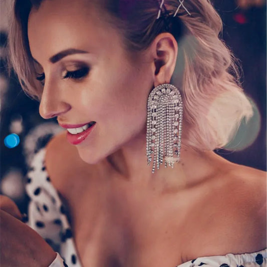 Luxury Shiny Rhinestone Tassel Dangle Earrings Jewelry For Women Fashion Show Lady's Statement Daily Accessories