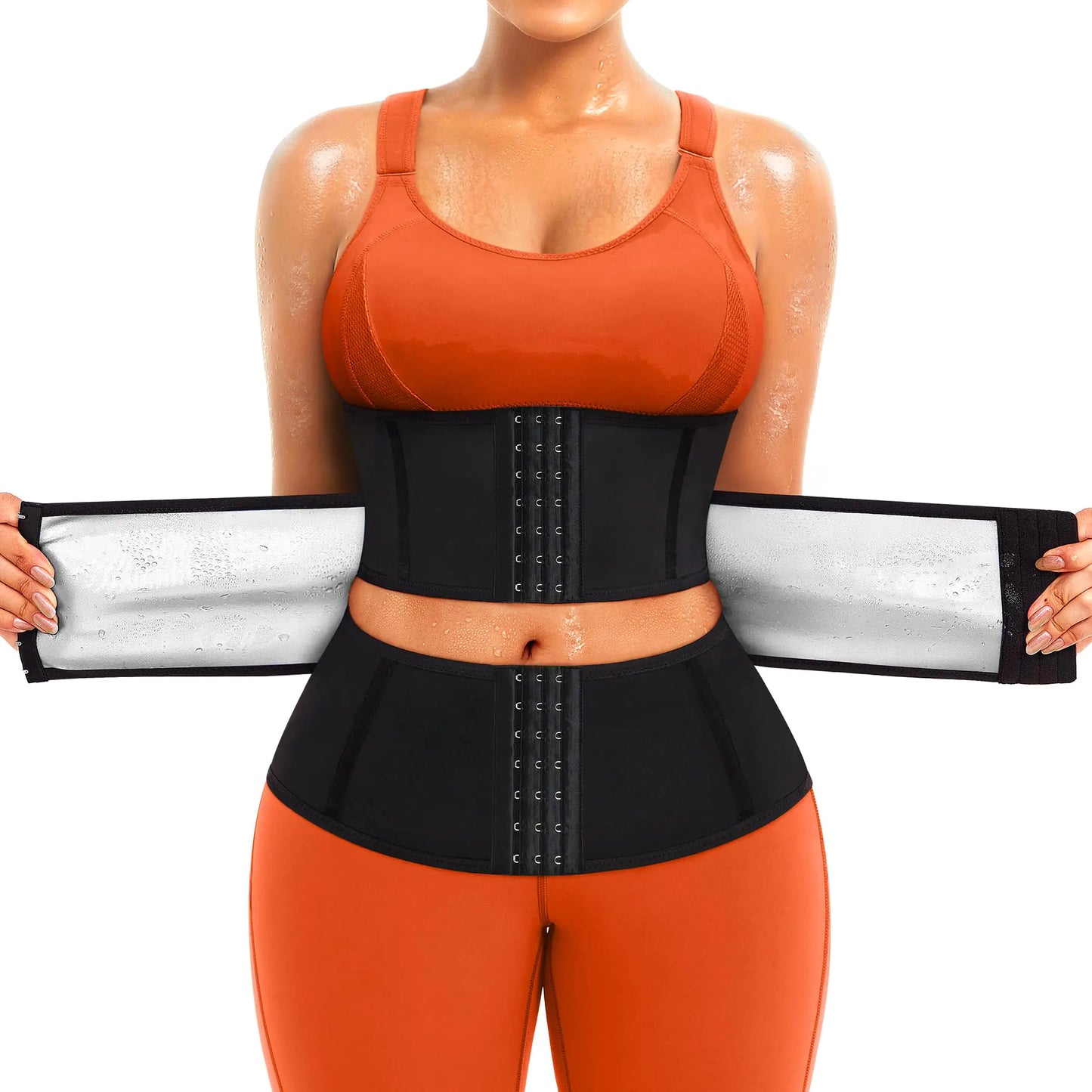 TrainingGirl Women Sweat Waist Trimmer Trainer Sauna Corset Workout Belt Belly Band Stomach Wraps Body Shaper Sports Girdle (Black-Silver inner Medium)