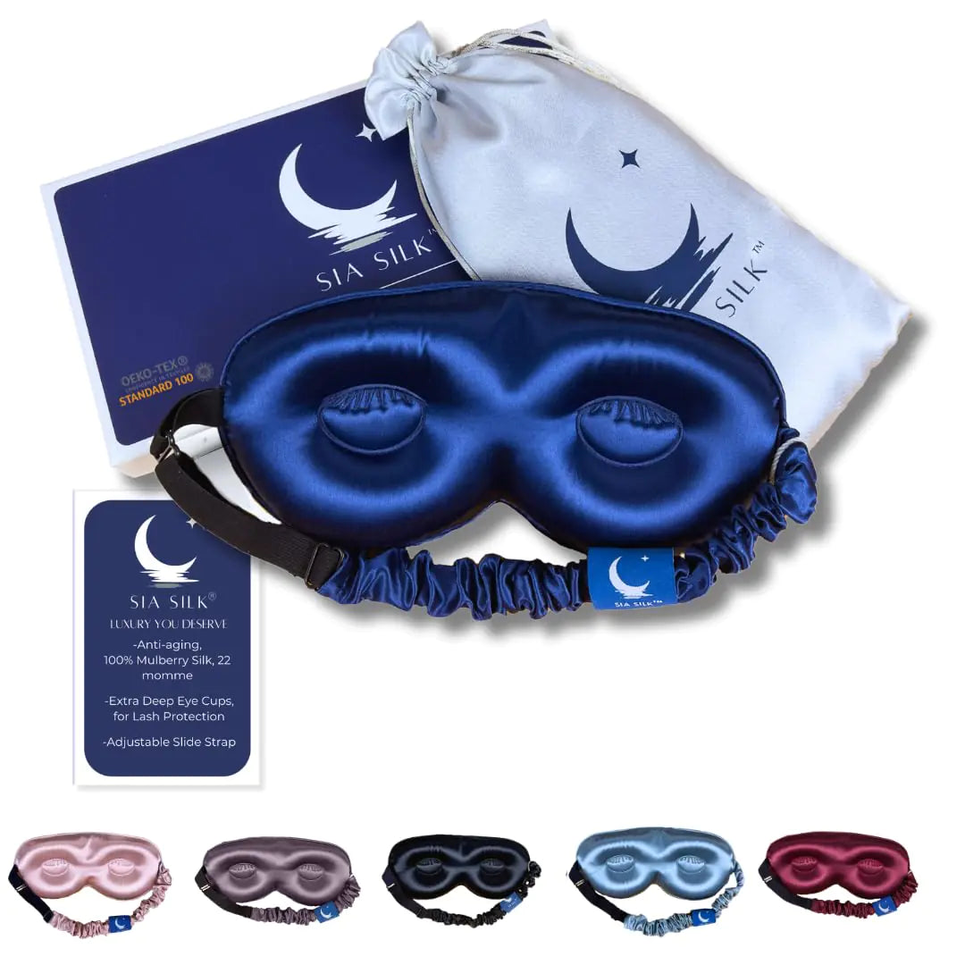 Sia Silk Sleep Mask with Deep Eye Cups 100% Mulberry Silk Total Blackout Adjustable Strap Luxury Eye Mask for Beauty Rest for Men and Women -Navy