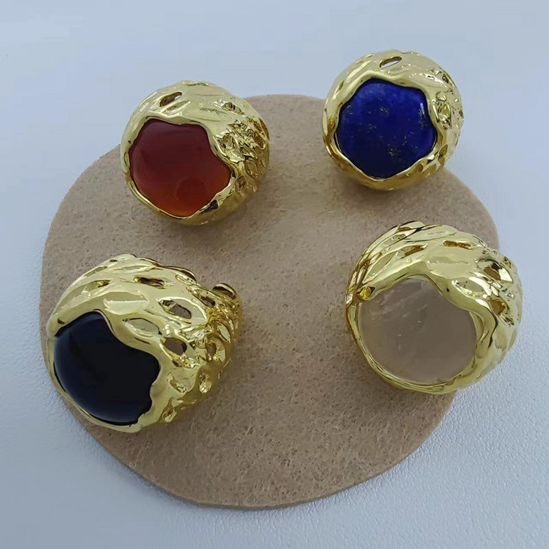 Round texture hollow natural stone ring Barcelona original design fashion retro high-end hand jewelry for women