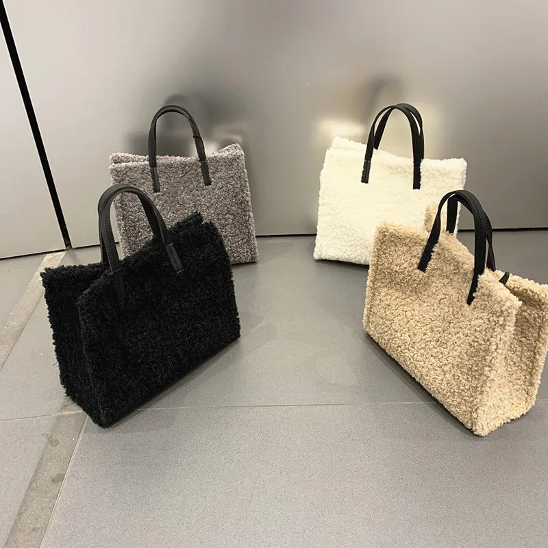 Casual Solid Large Totes Bags for Women Winter Soft Plush Women's Handbags Luxury Big Capacity Women Shoulder Bags New
