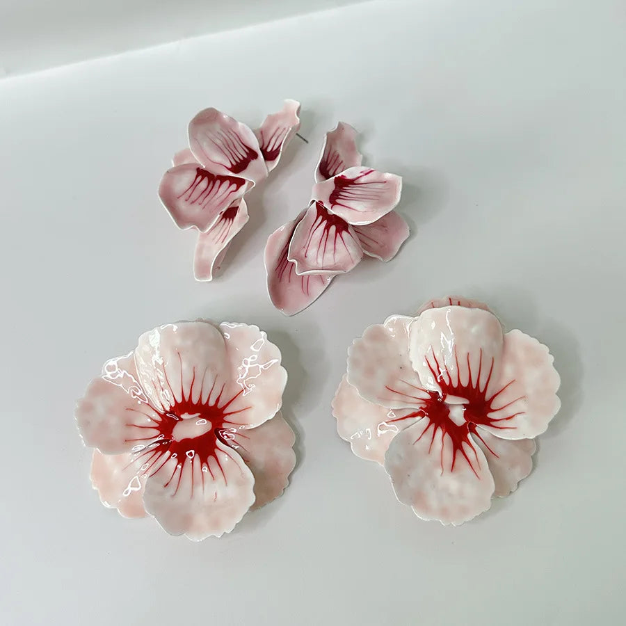 Metal Pink Drops Glaze Enamel Flower Earrings for Women Girl European and American Personality Exaggerated Romantic Jewelry Gift