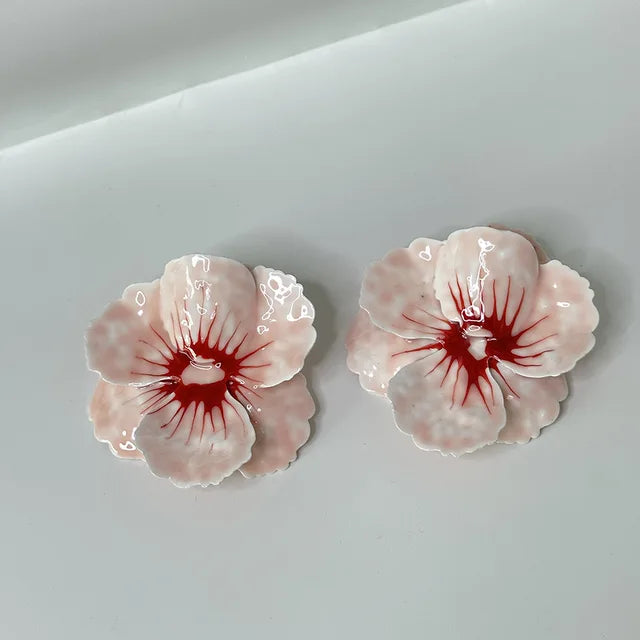 Metal Pink Drops Glaze Enamel Flower Earrings for Women Girl European and American Personality Exaggerated Romantic Jewelry Gift