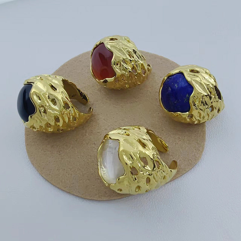 Round texture hollow natural stone ring Barcelona original design fashion retro high-end hand jewelry for women