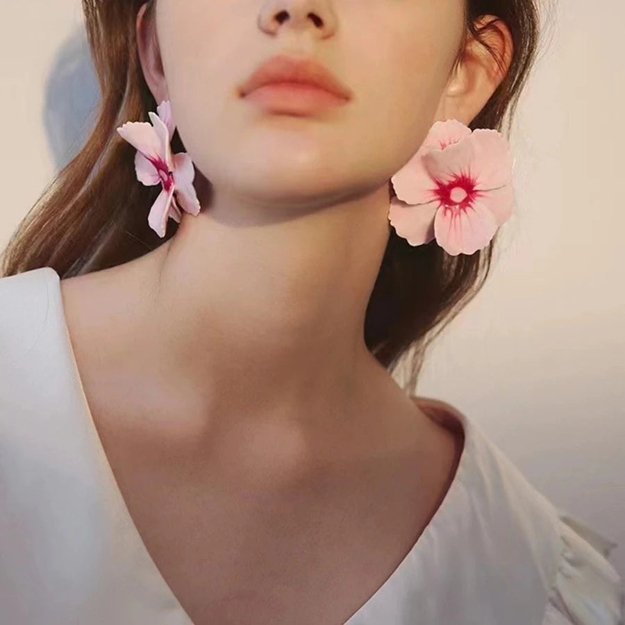 Metal Pink Drops Glaze Enamel Flower Earrings for Women Girl European and American Personality Exaggerated Romantic Jewelry Gift