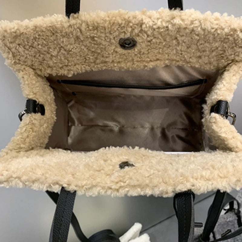Casual Solid Large Totes Bags for Women Winter Soft Plush Women's Handbags Luxury Big Capacity Women Shoulder Bags New