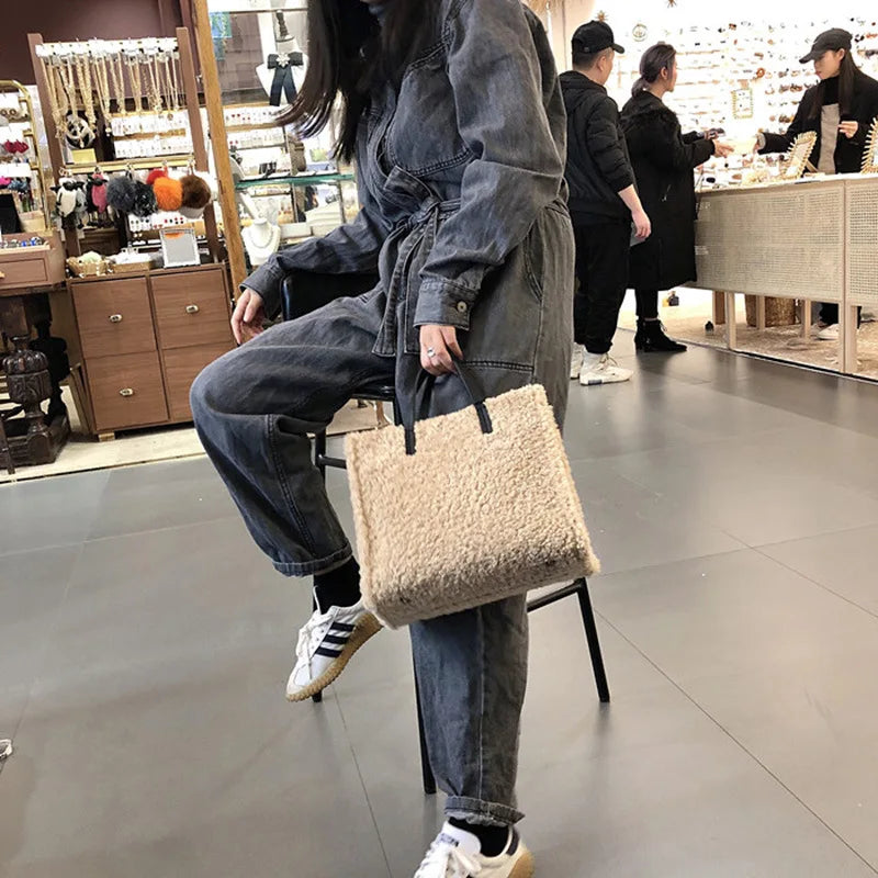 Casual Solid Large Totes Bags for Women Winter Soft Plush Women's Handbags Luxury Big Capacity Women Shoulder Bags New