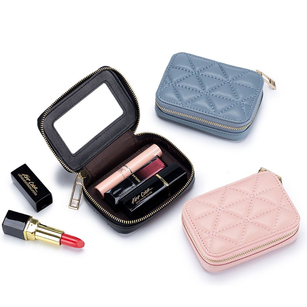 Portable Lipstick Case with Mirror Brand Design Genuine Leather Cosmetic Bag Pouch Ladies Cosmetics Organizer Pouch Box Wallet