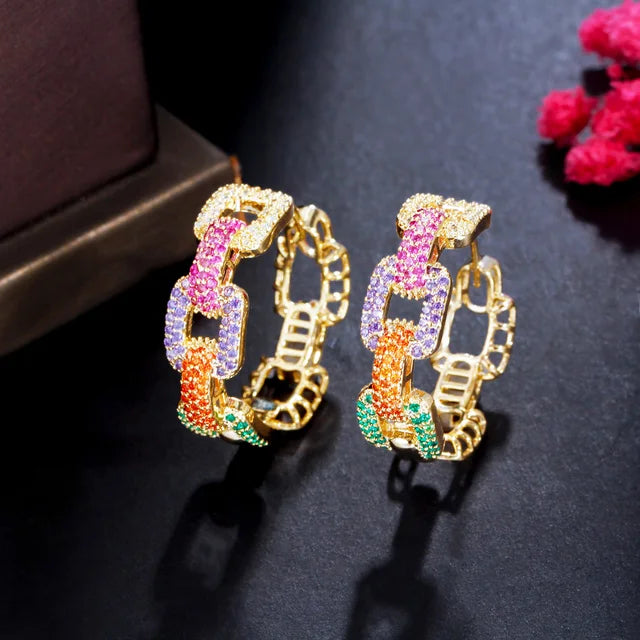 New Trendy Colorful Micro Pave CZ Stones Gold Plated Geometric Cuban Chain Link Hoop Earrings for Women Jewelry