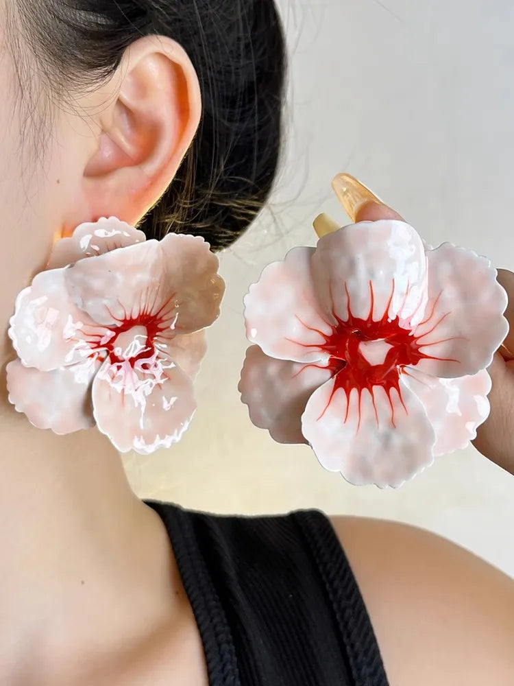 Metal Pink Drops Glaze Enamel Flower Earrings for Women Girl European and American Personality Exaggerated Romantic Jewelry Gift
