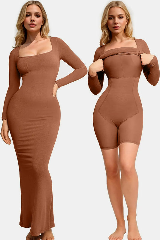 Built-In Shapewear Square Neck Long Sleeve Maxi Dress