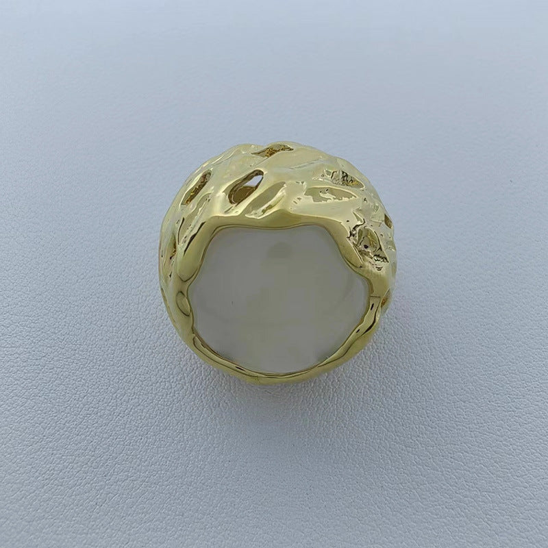 Round texture hollow natural stone ring Barcelona original design fashion retro high-end hand jewelry for women