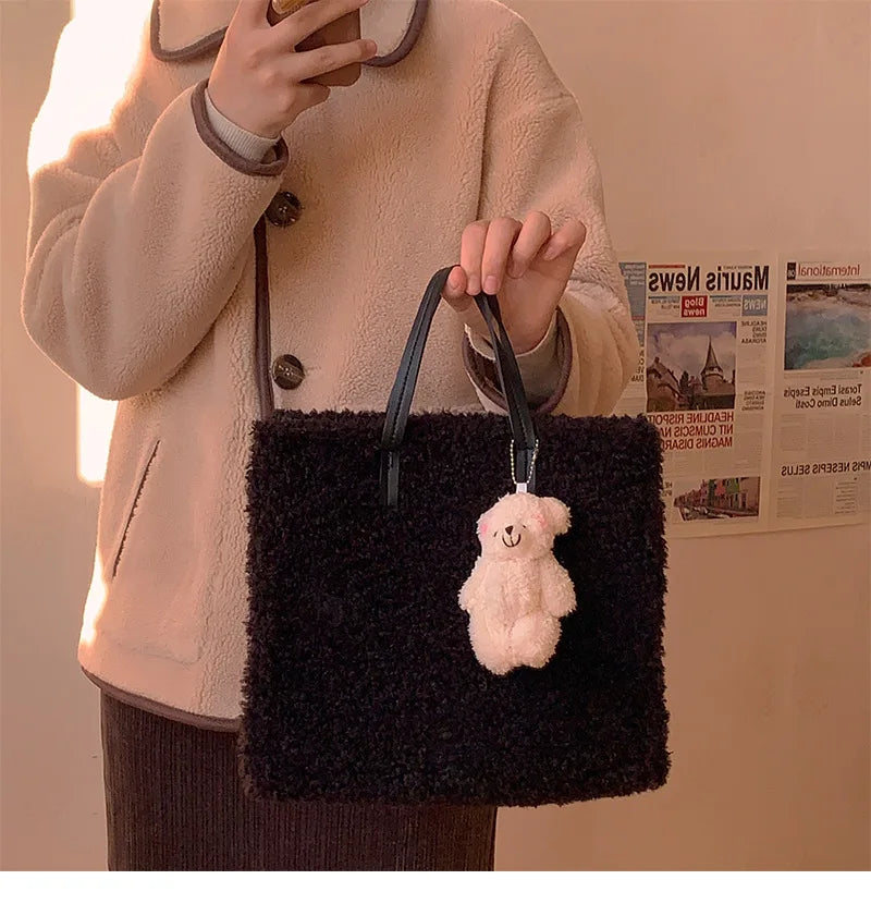 Casual Solid Large Totes Bags for Women Winter Soft Plush Women's Handbags Luxury Big Capacity Women Shoulder Bags New
