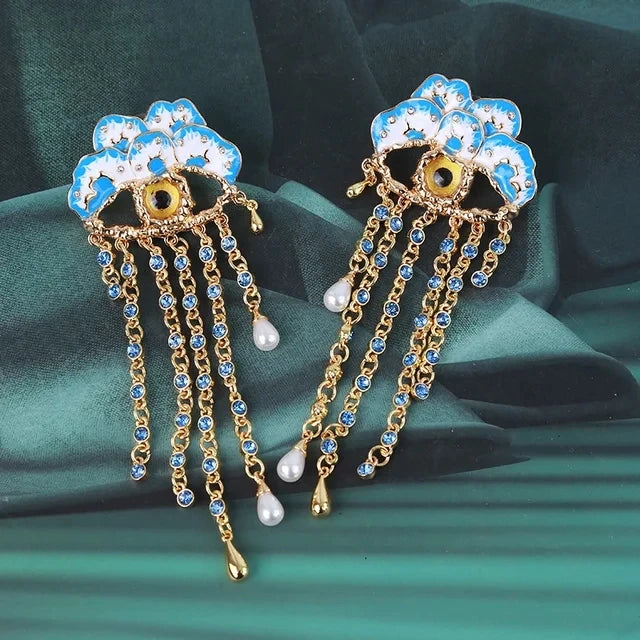 Personality Eye Tassel Drop Earrings Devil's Eye Enamel Flower for Women  Vintage Jewelry Heavy Industry European And American