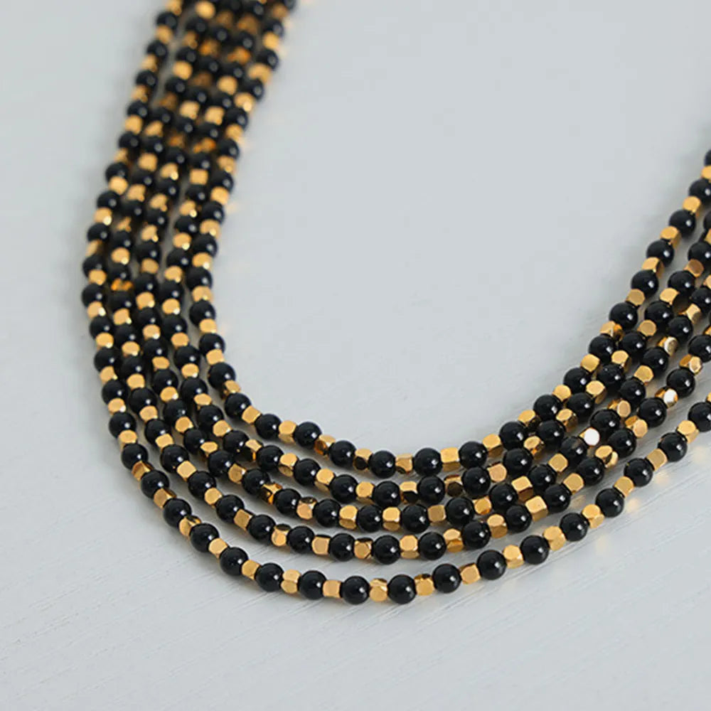 Square titanium steel gold-plated natural black agate stone handmade bead necklace jewelry for women