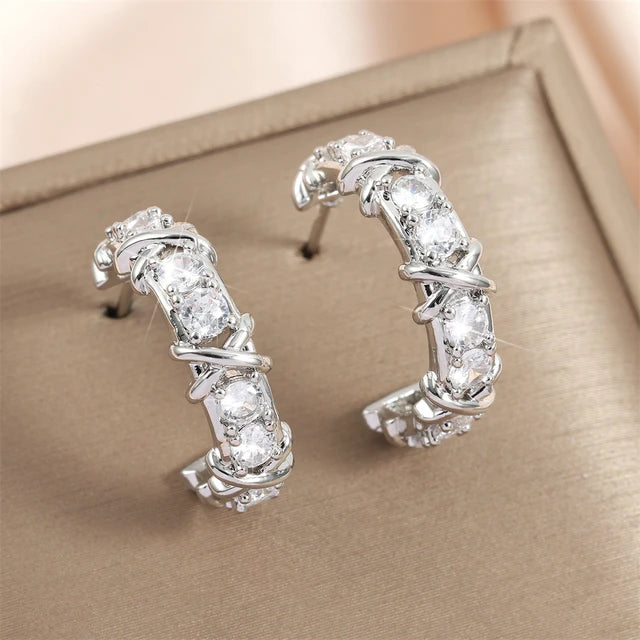 Vintage CC Design Hoop Earrings for Women Korean Fashion X Cross Zircon Earring Engagement Jewelry Gift