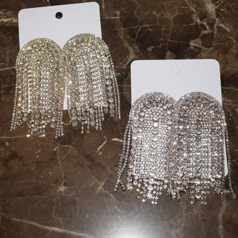 Luxury Shiny Rhinestone Tassel Dangle Earrings Jewelry For Women Fashion Show Lady's Statement Daily Accessories