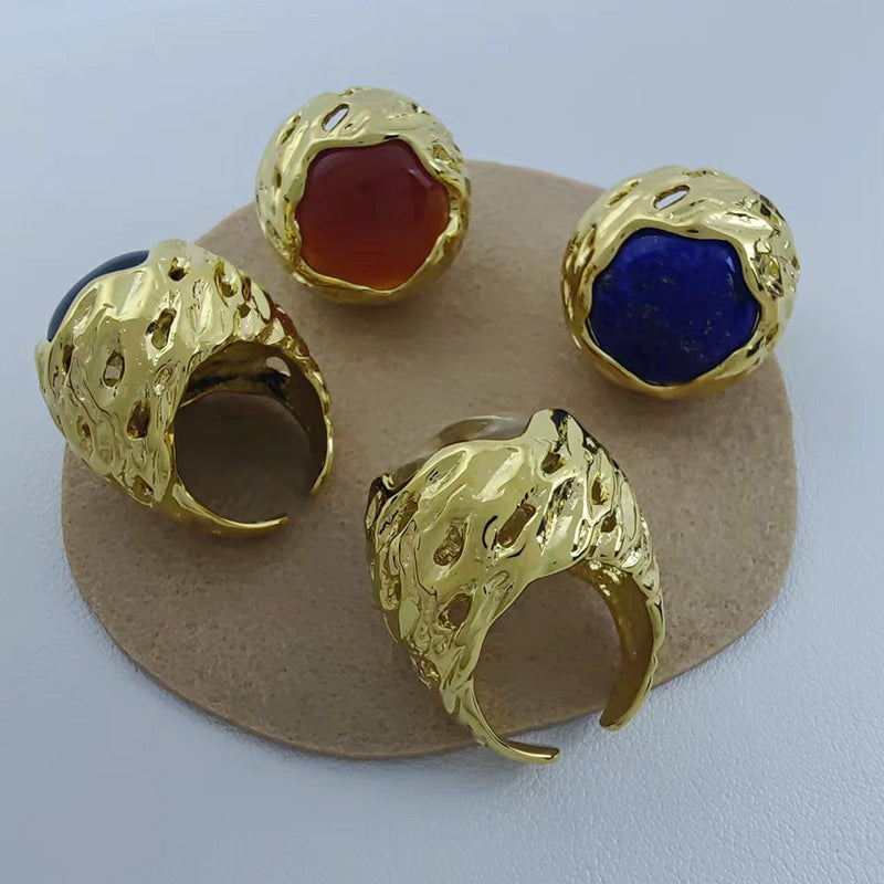 Round texture hollow natural stone ring Barcelona original design fashion retro high-end hand jewelry for women