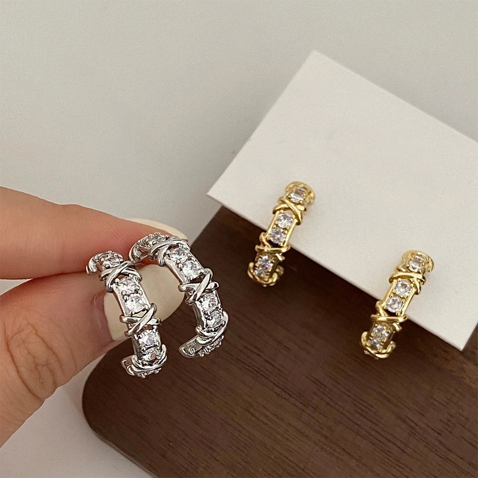 Vintage CC Design Hoop Earrings for Women Korean Fashion X Cross Zircon Earring Engagement Jewelry Gift