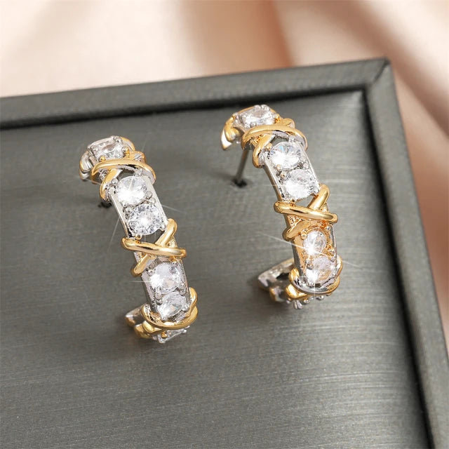 Vintage CC Design Hoop Earrings for Women Korean Fashion X Cross Zircon Earring Engagement Jewelry Gift
