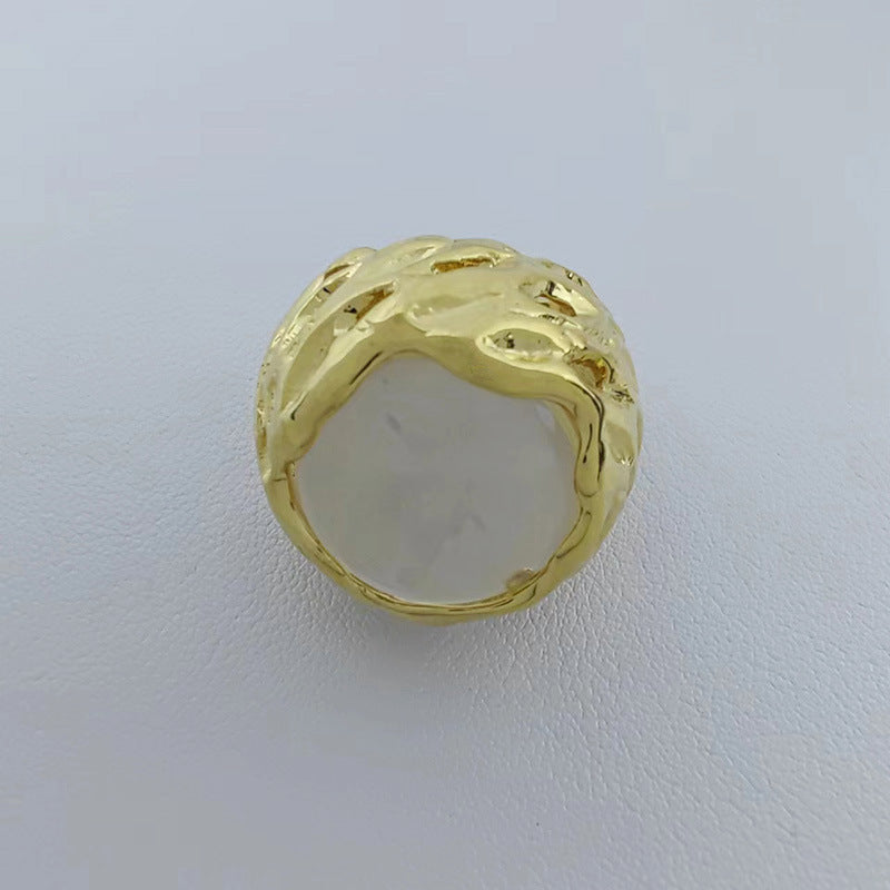 Round texture hollow natural stone ring Barcelona original design fashion retro high-end hand jewelry for women