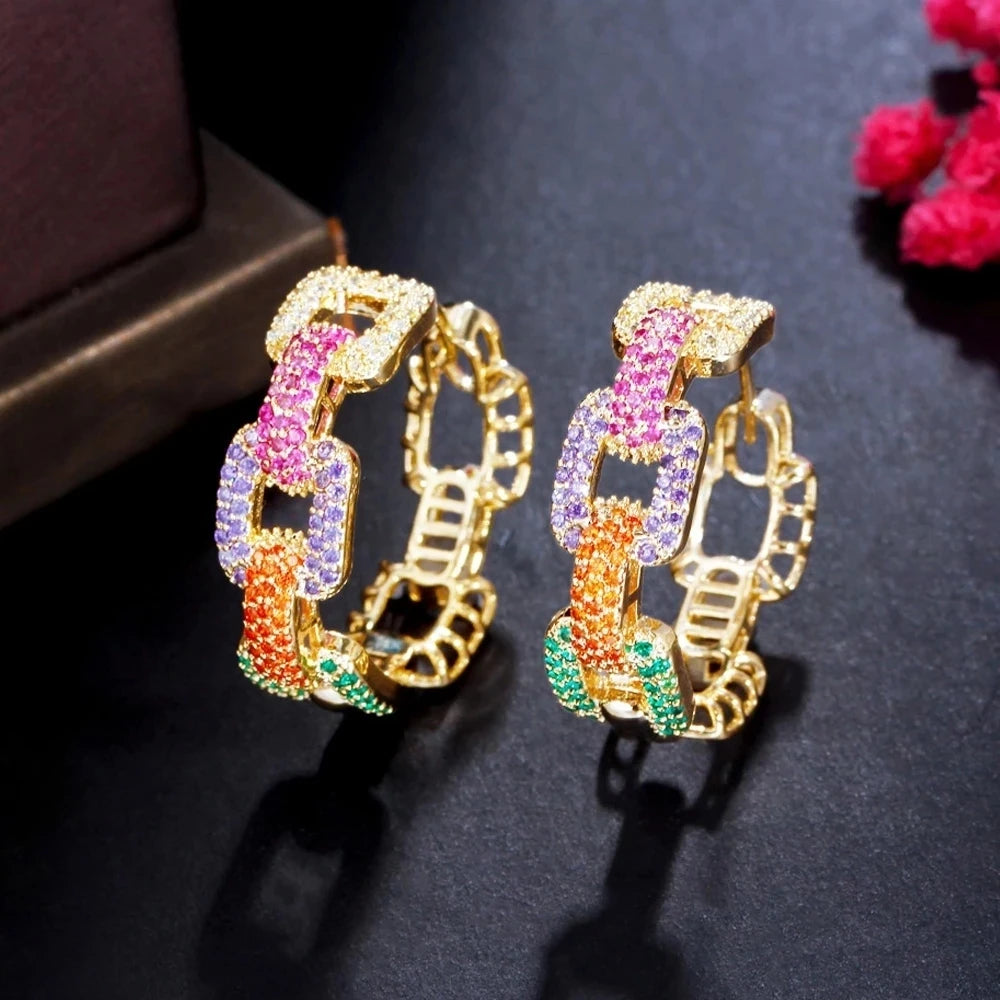 New Trendy Colorful Micro Pave CZ Stones Gold Plated Geometric Cuban Chain Link Hoop Earrings for Women Jewelry
