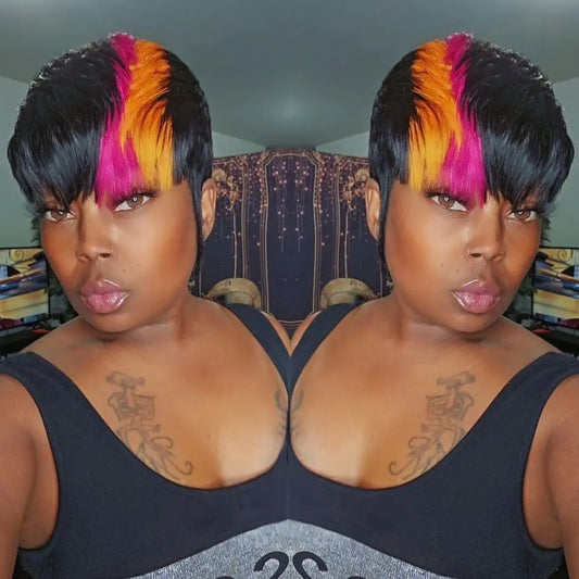 PurpleSexy Pixie Cut Wigs for Black Women Short Layered Pixie Wigs Human Hair Wigs Brazilian Virgin Human Hair Wigs With Bangs Glueless Full Machine Made Wigs (1b/orange/pink)