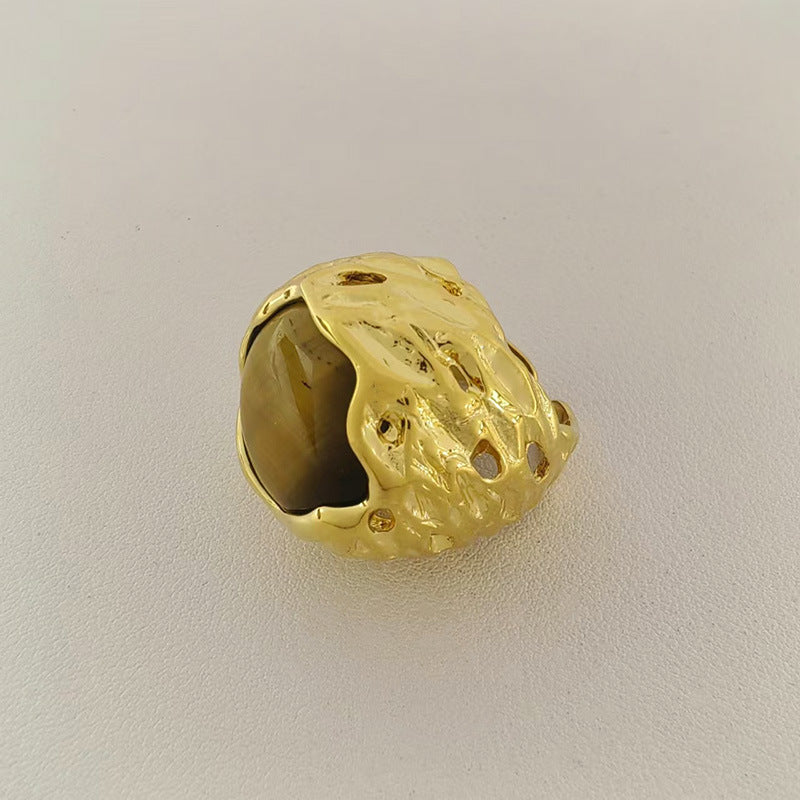 Round texture hollow natural stone ring Barcelona original design fashion retro high-end hand jewelry for women