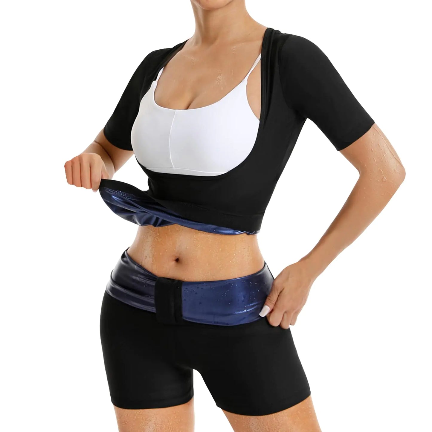 JBT Waist Trainer Vest for Women | Sauna Sweat Suit & Short | Body Shaper for Workout & Thermal Thigh Trimmer Weight Loss Set (Blue M)