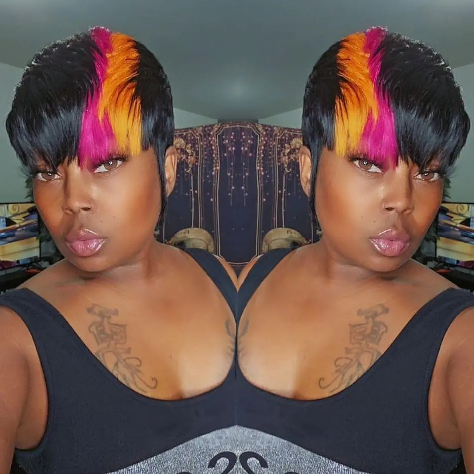 PurpleSexy Pixie Cut Wigs for Black Women Short Layered Pixie Wigs Human Hair Wigs Brazilian Virgin Human Hair Wigs With Bangs Glueless Full Machine Made Wigs (1b/orange/pink)