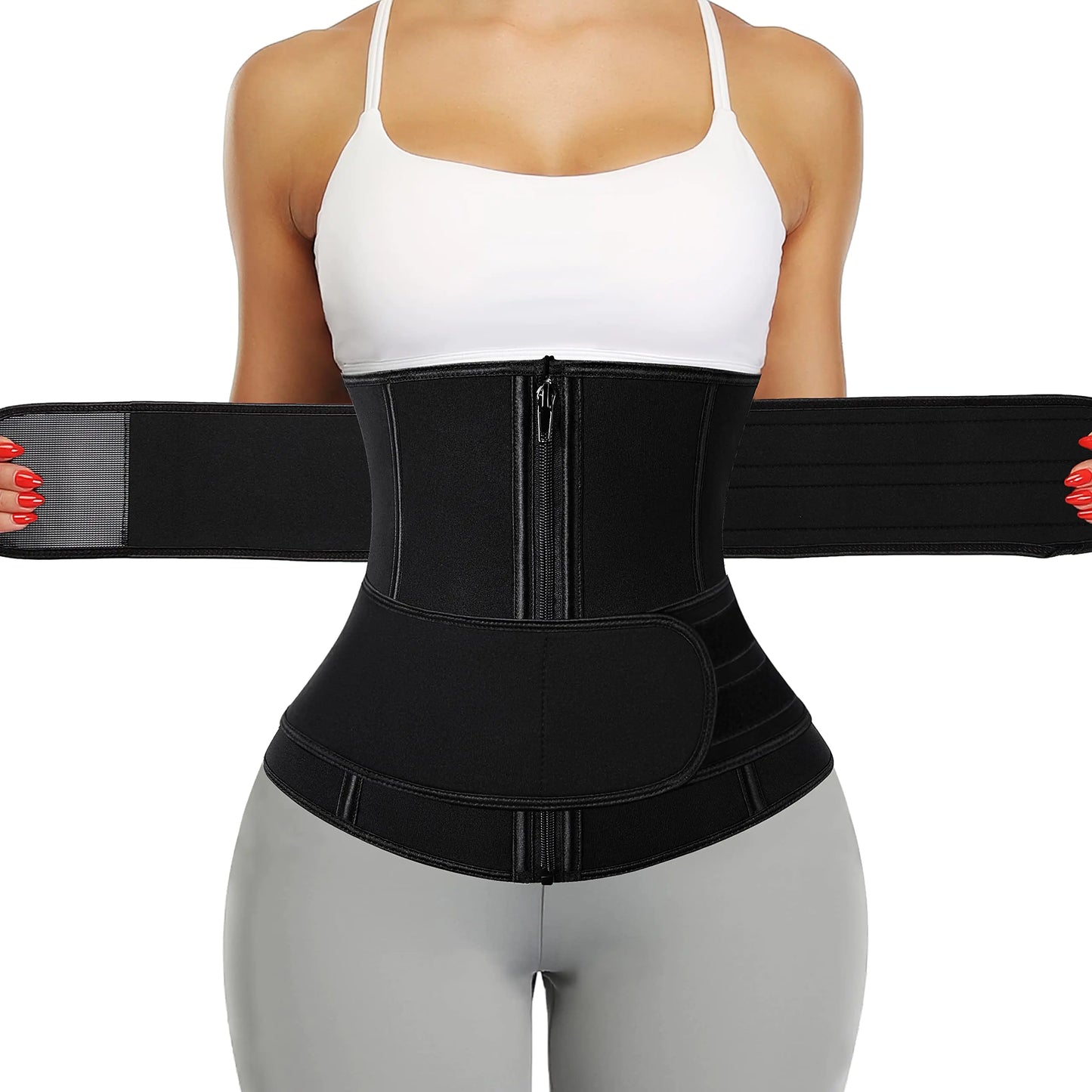 KIWI RATA Neoprene Sauna Waist Trainer Corset Sweat Belt with 2 Straps for Women Double Compression Workout Trimmer Back Support Fajas#2 Zipper BlackXX-Large