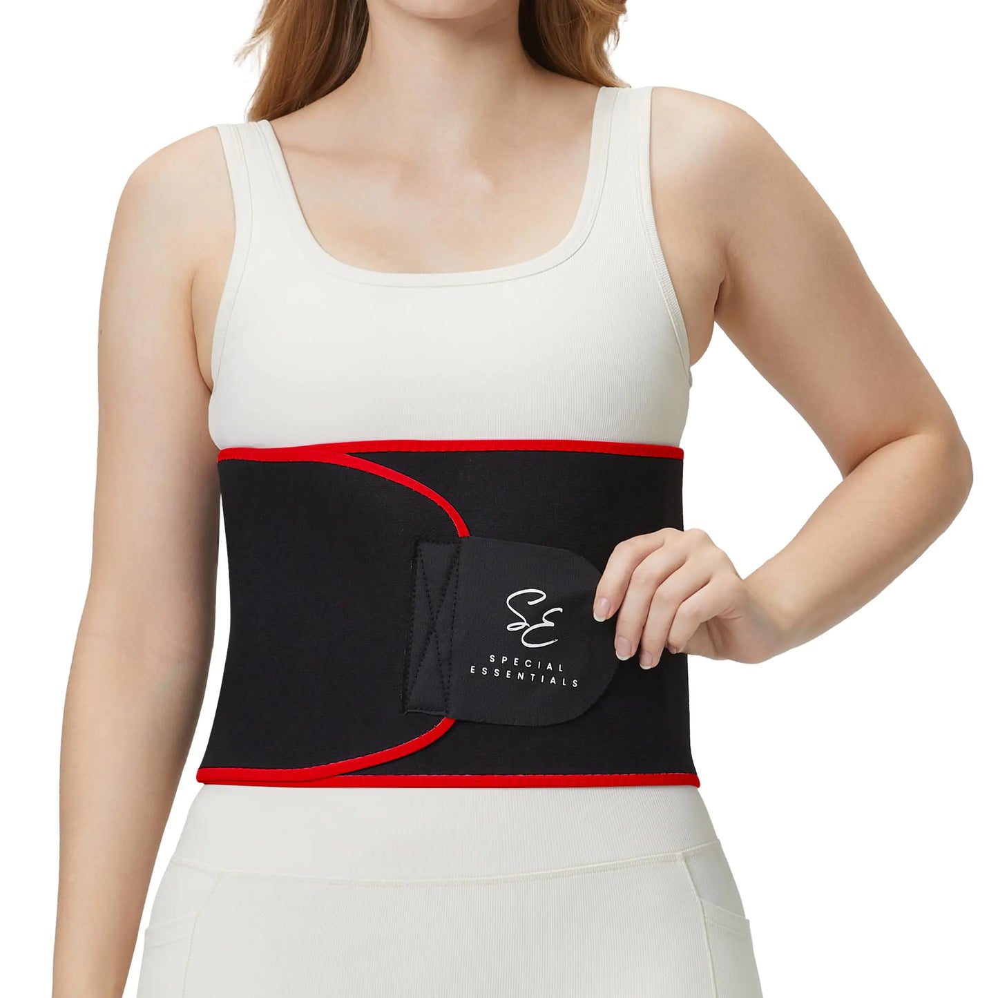 Special Essentials Waist Trimmer for Women & Men Adjustable Sweat Band Waist Trainer Breathable Mesh for Training & Workouts (Red Small)