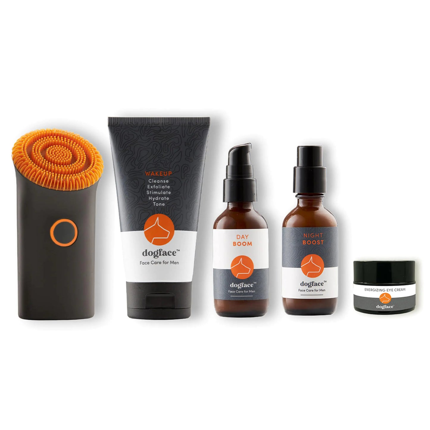 Dogface Mens Skincare Set- Technobrush Electric Facial Brush Wakeup Gel Face Wash to Hydrate Skin Day Boom Night Boost Retinol Serum Eye Cream